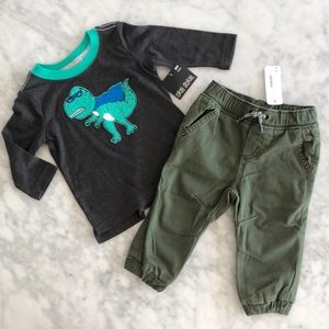 BABY BUNDLE GREEN CARGO PANTS & DINO SHIRT 6-12 M
